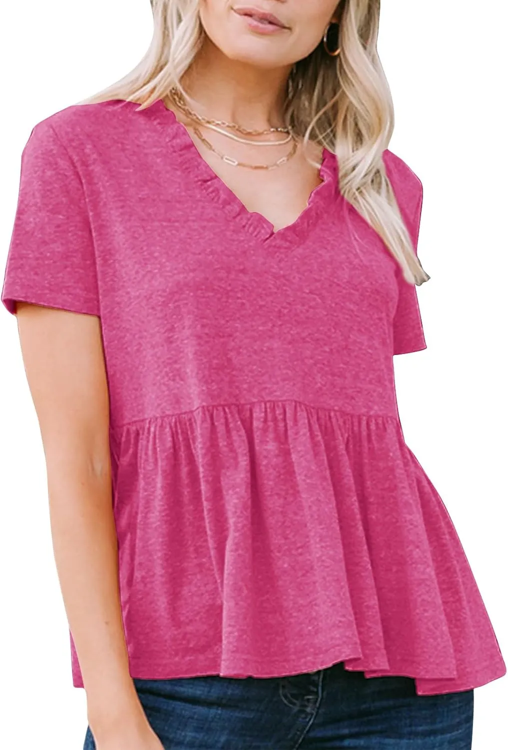 EXLURA Women's Summer Crop Babydoll Peplum Tops Cute V Neck Short Sleeve Business Casual Trendy T Shirts Beach Vacation 2025