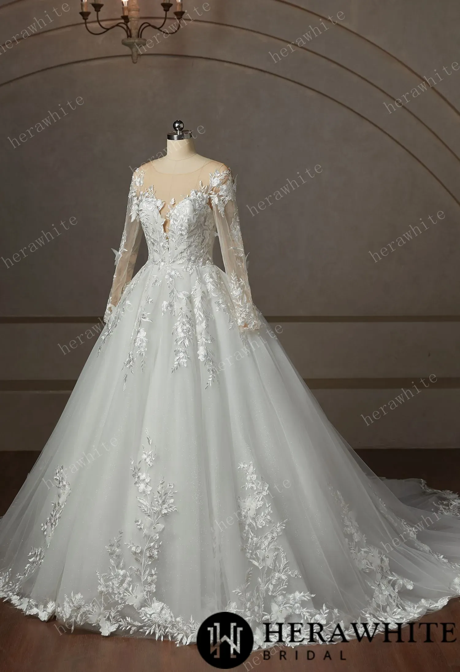 Floral Lace Wedding Dress With Long Sleeve