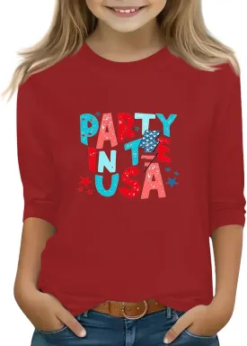Fourth of July 3/4 Sleeve Shirts for Teens Girls USA Flag Crew Neck Cute Summer Tops Blouses Cute Clothes 5-16 Years