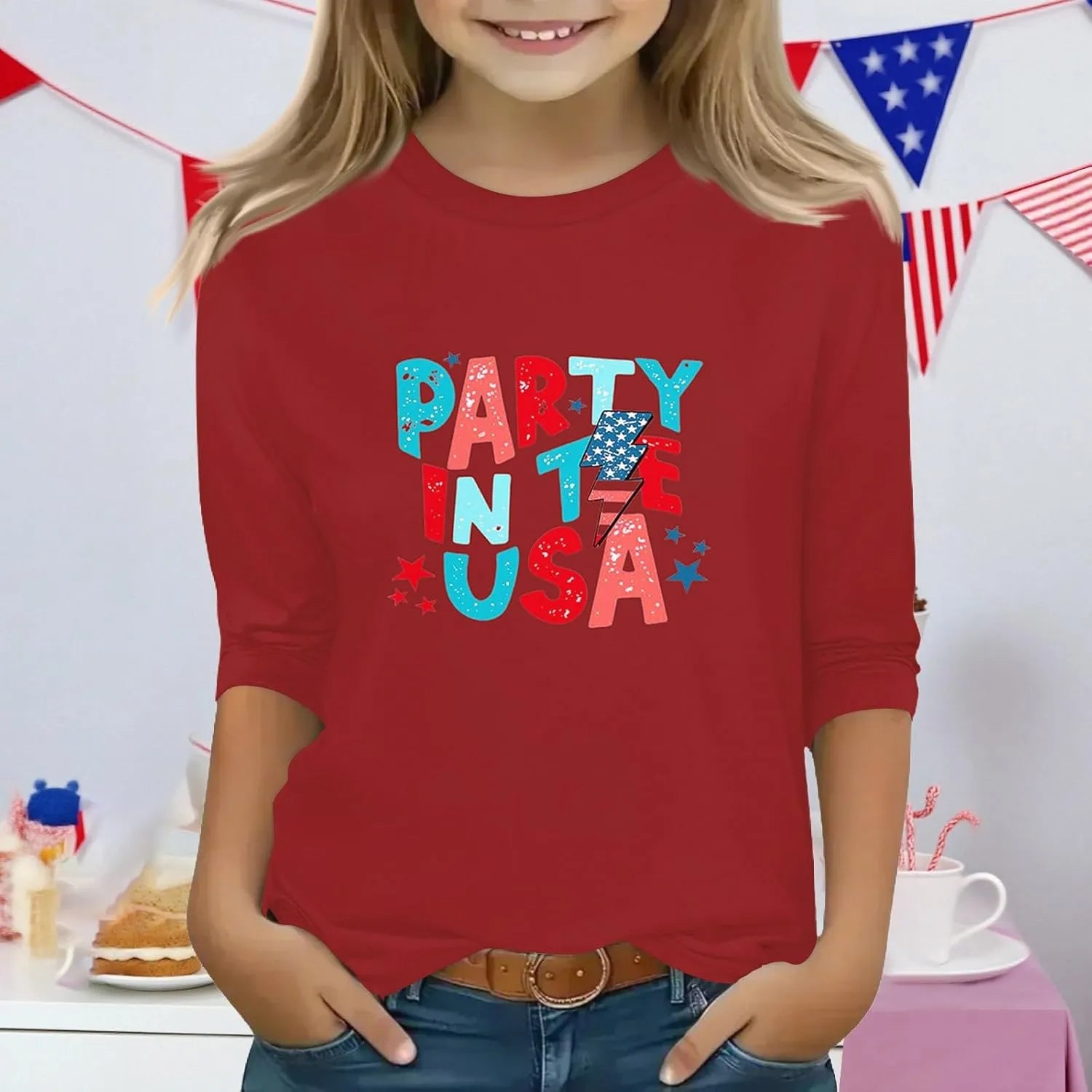 Fourth of July 3/4 Sleeve Shirts for Teens Girls USA Flag Crew Neck Cute Summer Tops Blouses Cute Clothes 5-16 Years