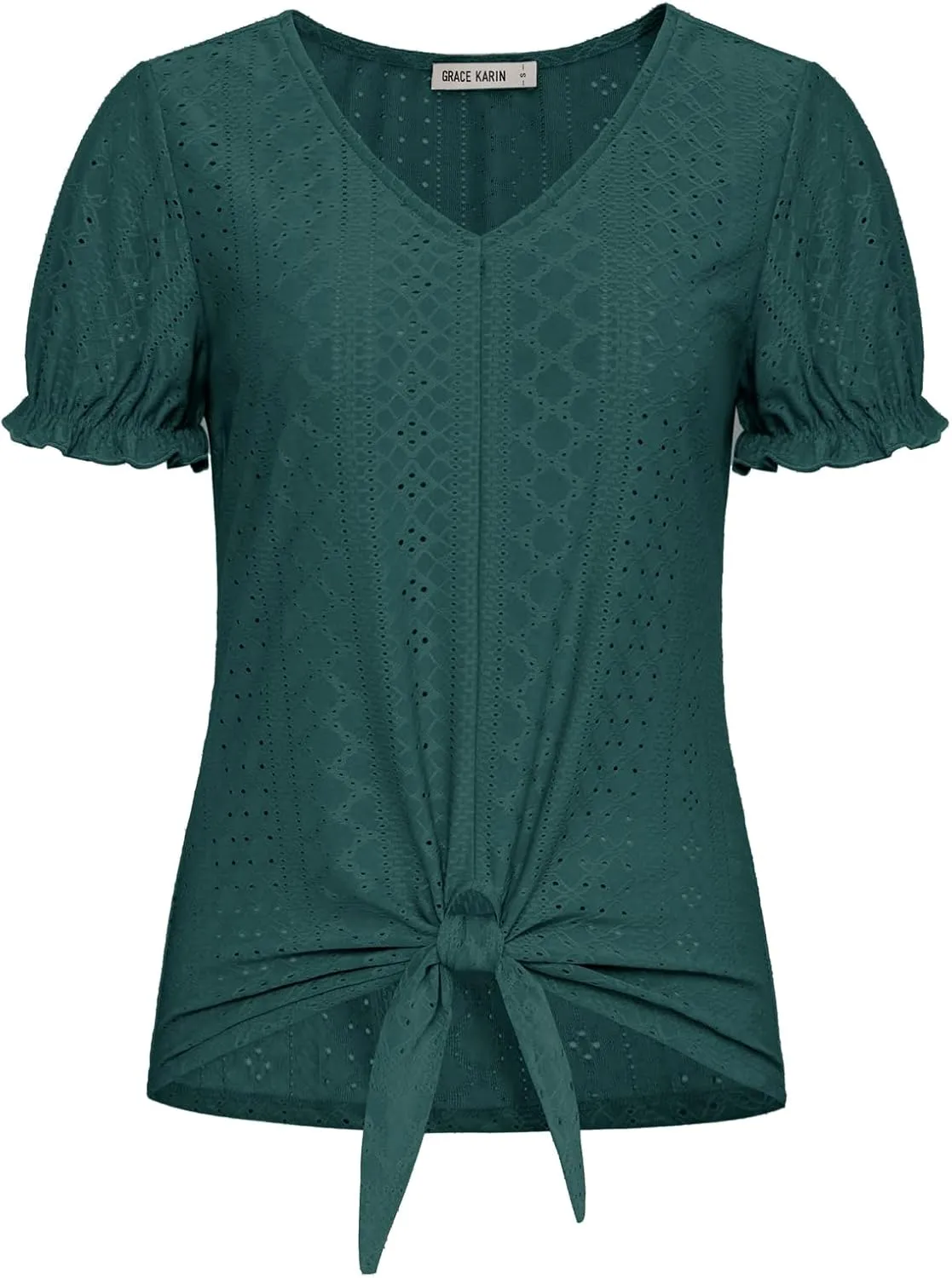 GRACE KARIN Women's 2025 Summer Tops Short Sleeve V Neck Basic T Shirts Dressy Casual Tie Front Tops Eyelet Blouses Tunic