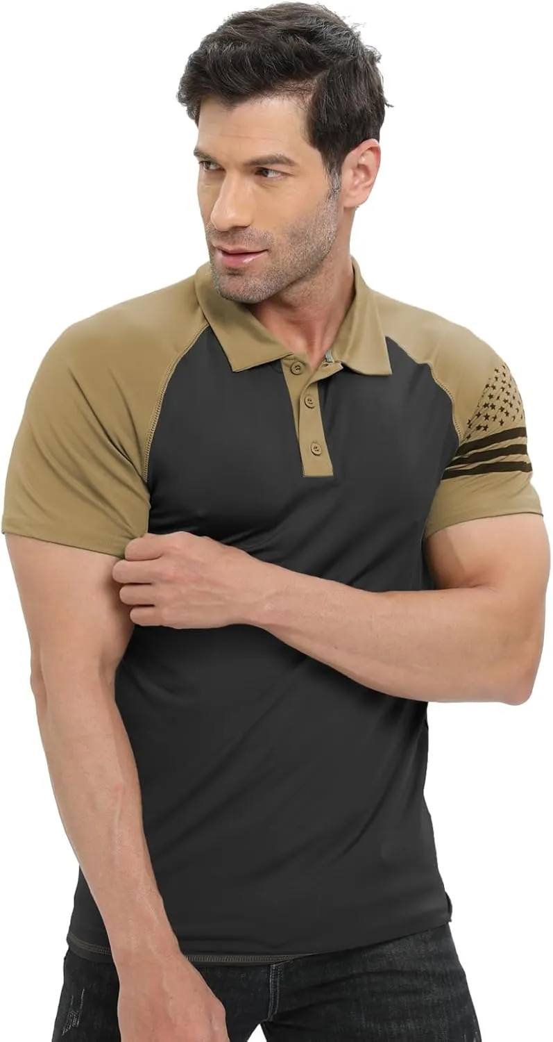 H HYFOL Short Sleeve Polo Shirts for Men Graphic Stretch Casual American Patriotic Raglan Golf Polos for Men