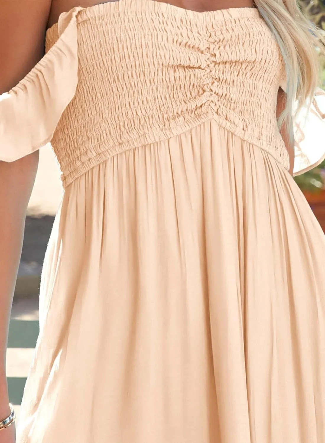 Happy Sailed Women's 2025 Summer Smocked Off The Shoulder Maxi Dresses Ruffle Short Sleeve A Line Side Slit Sundress