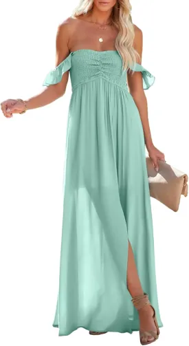 Happy Sailed Women's 2025 Summer Smocked Off The Shoulder Maxi Dresses Ruffle Short Sleeve A Line Side Slit Sundress