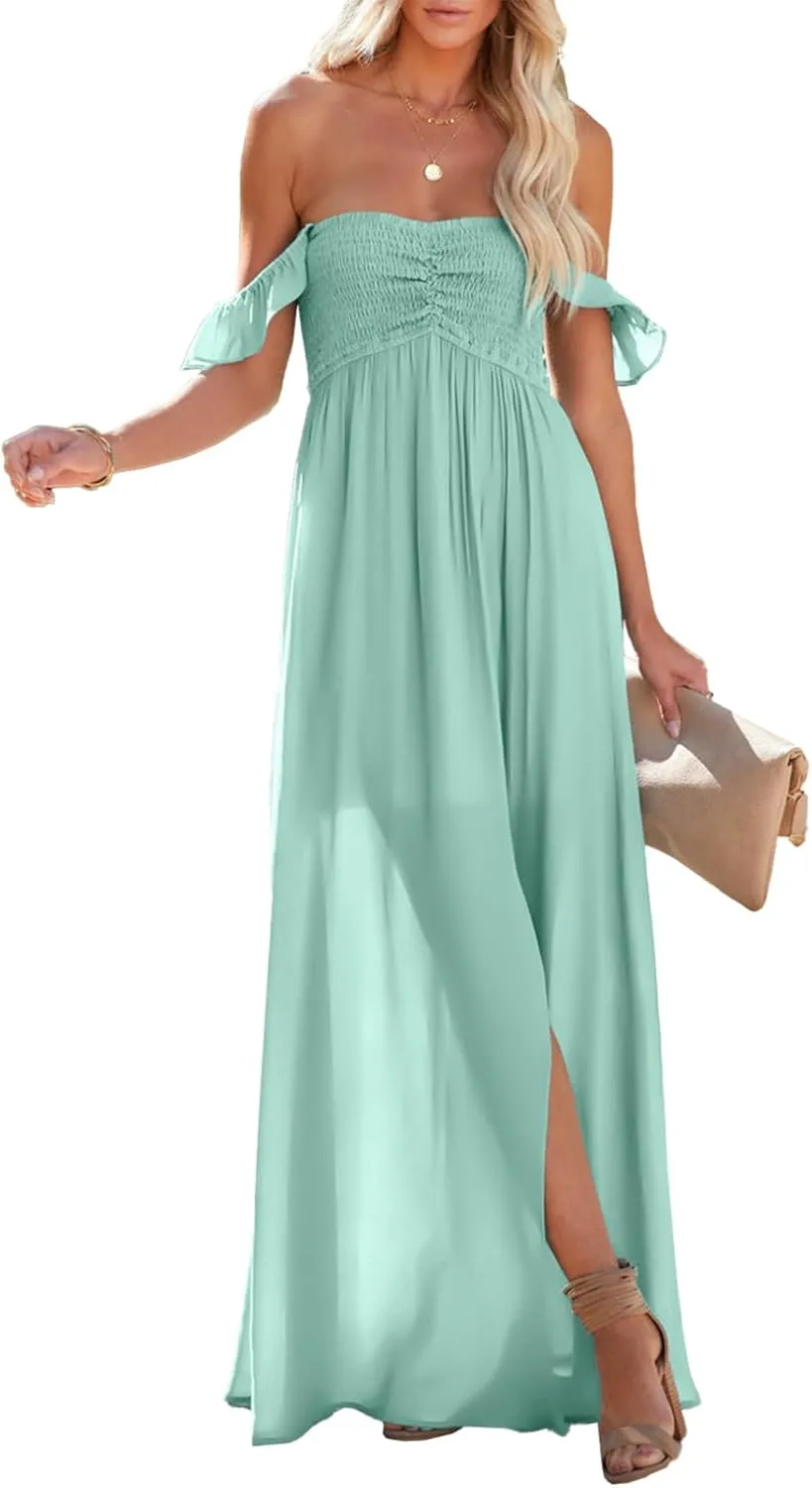 Happy Sailed Women's 2025 Summer Smocked Off The Shoulder Maxi Dresses Ruffle Short Sleeve A Line Side Slit Sundress