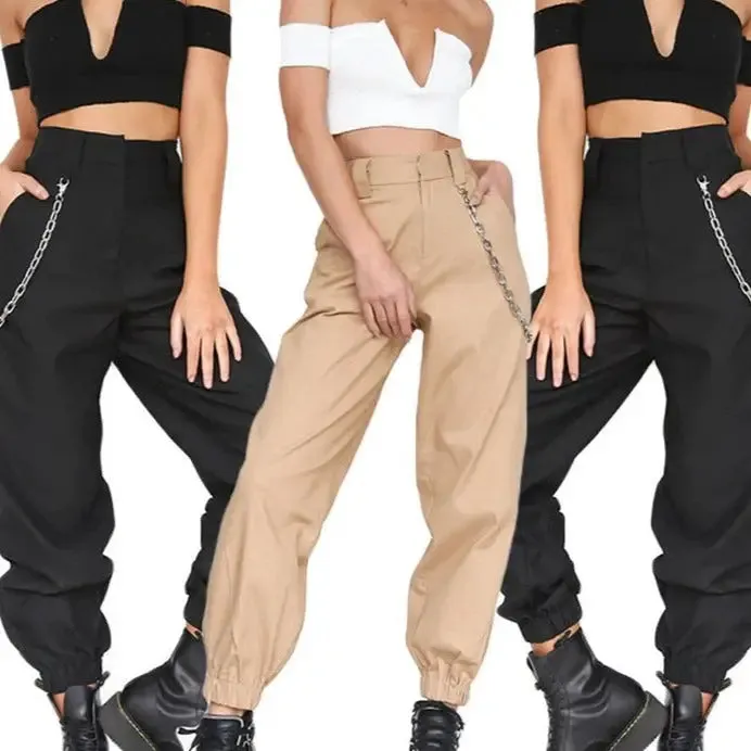 High Waist Chain Hip-Pop Combat Cargo Harem Pants