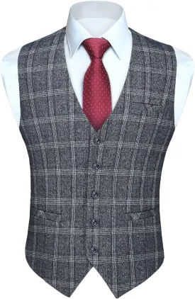 HISDERN Men's Suit Vest Business Plaid Formal Dress Waistcoat Slim Fit Vests for Men with 3 Pocket for Suit or Tuxedo