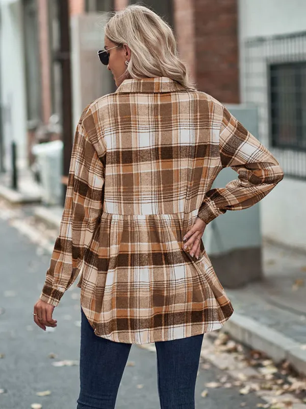 Jessamine Autumn And Winter New Lapel Long Sleeve Pocket Casual European And American Plaid Shirt