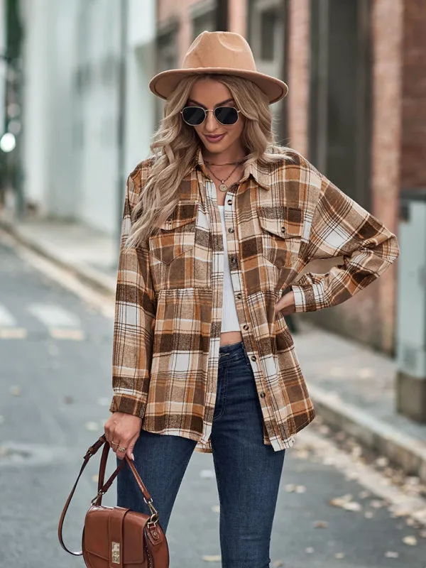 Jessamine Autumn And Winter New Lapel Long Sleeve Pocket Casual European And American Plaid Shirt