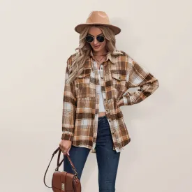 Jessamine Autumn And Winter New Lapel Long Sleeve Pocket Casual European And American Plaid Shirt