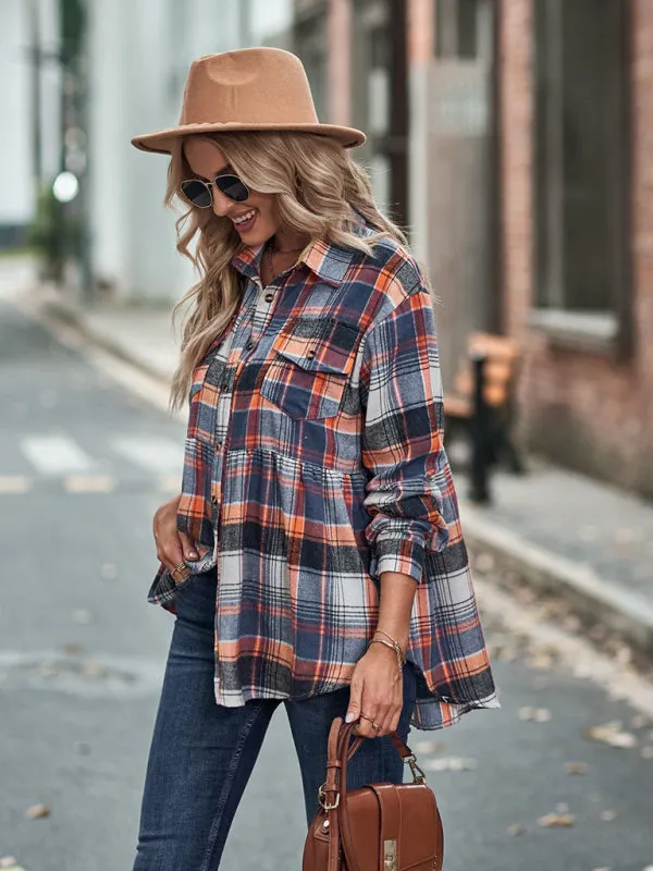 Jessamine Autumn And Winter New Lapel Long Sleeve Pocket Casual European And American Plaid Shirt