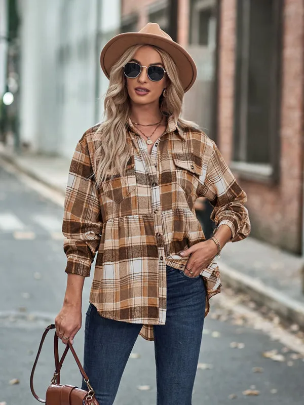 Jessamine Autumn And Winter New Lapel Long Sleeve Pocket Casual European And American Plaid Shirt