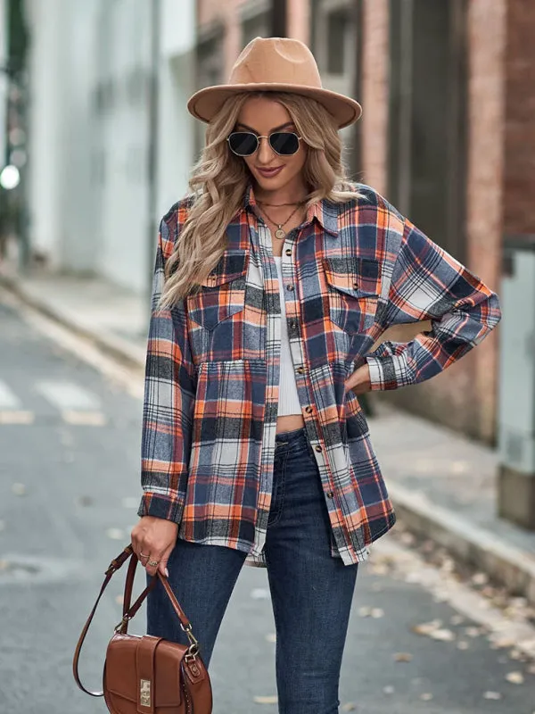 Jessamine Autumn And Winter New Lapel Long Sleeve Pocket Casual European And American Plaid Shirt