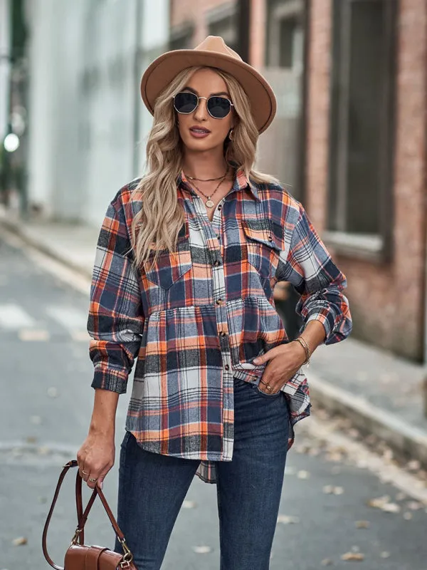 Jessamine Autumn And Winter New Lapel Long Sleeve Pocket Casual European And American Plaid Shirt