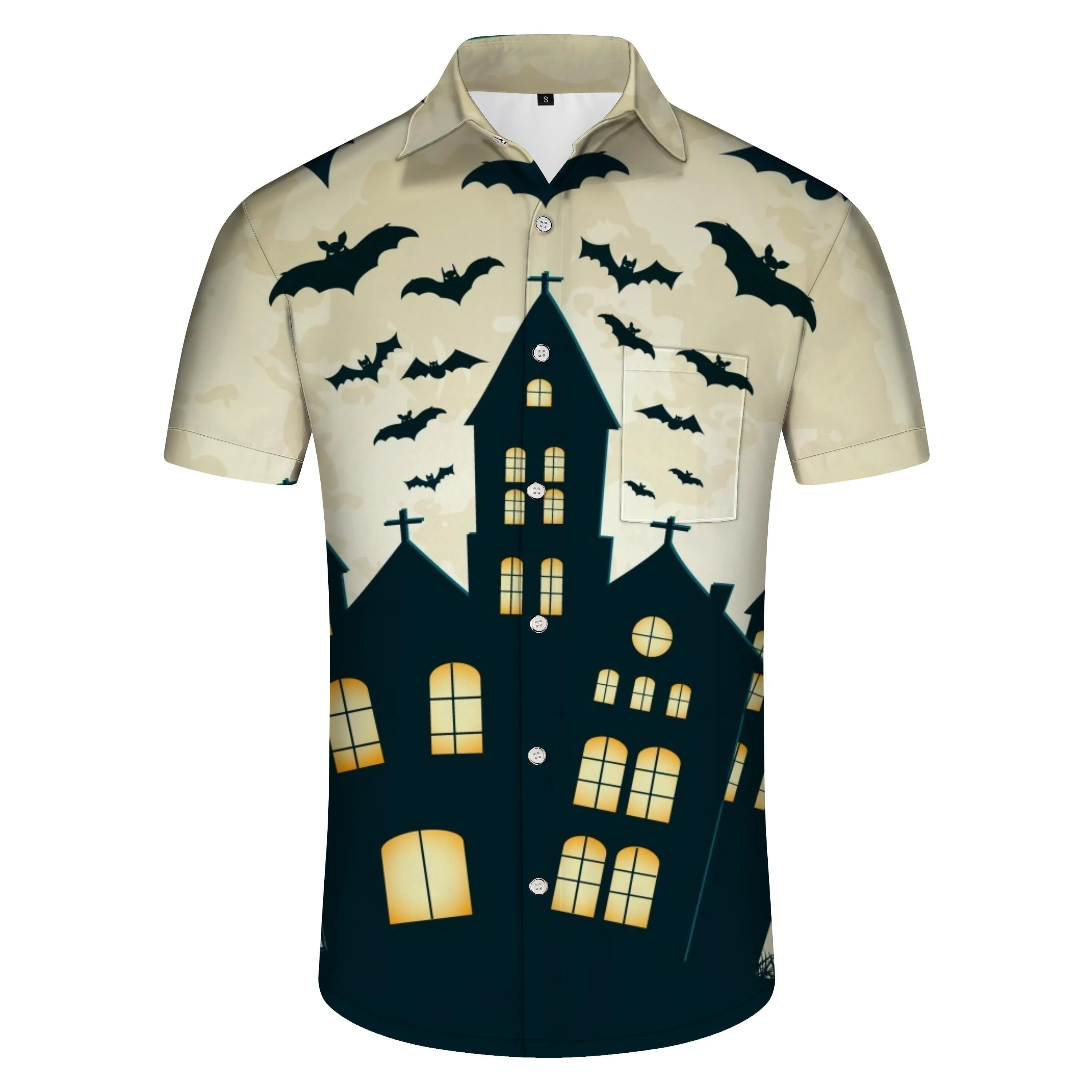 Lightweight and Fun Men's Halloween Castle Bat Shirt Print Short Sleeve Button Shirt Polyester