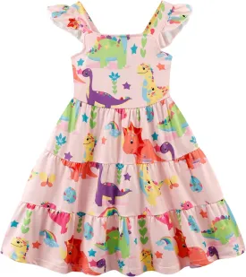 Little Girls Summer Dress - Flutter Sleeve Swing Tiered Sundress Toddler Smocked Dresses Kids Casual Outfits 2T-7T