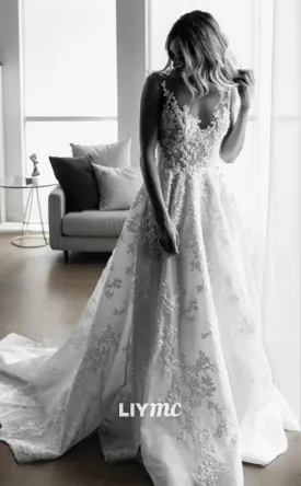 LW635 - A-Line Princess V-neck Sweep Train Lace Wedding Dresses With Appliques Lace