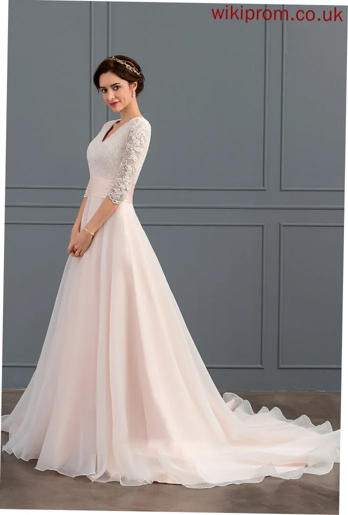 Madeline Organza V-neck Wedding Ball-Gown/Princess Train Dress Ruffle Wedding Dresses With Court