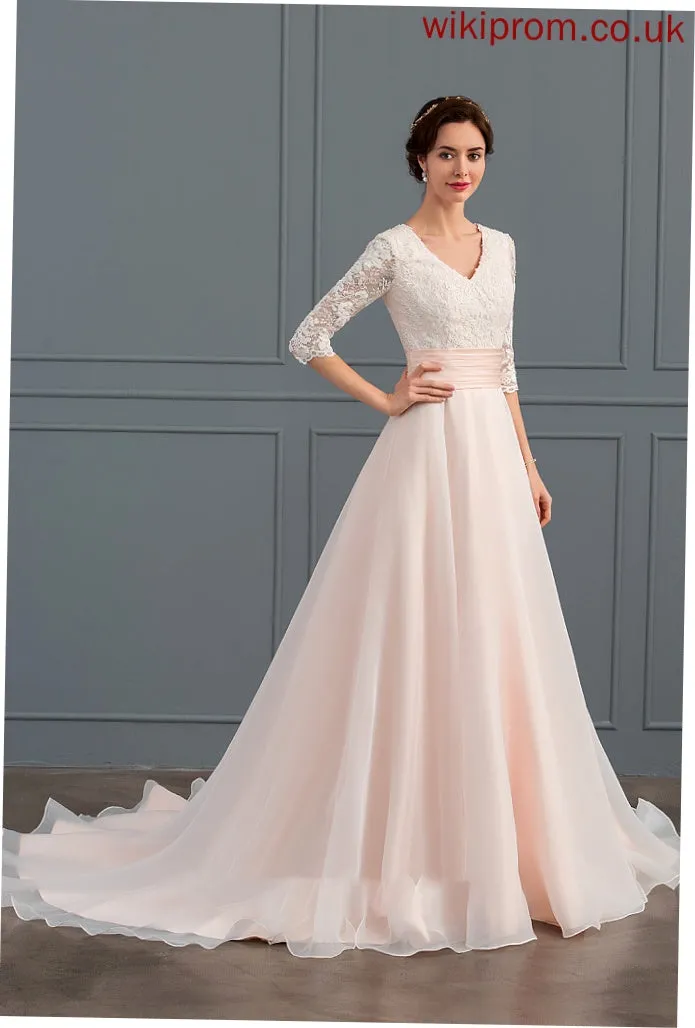 Madeline Organza V-neck Wedding Ball-Gown/Princess Train Dress Ruffle Wedding Dresses With Court
