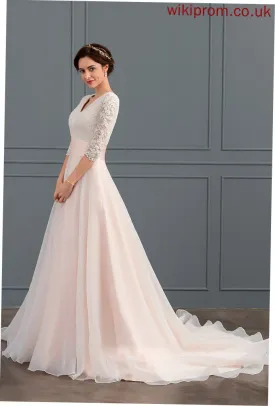 Madeline Organza V-neck Wedding Ball-Gown/Princess Train Dress Ruffle Wedding Dresses With Court