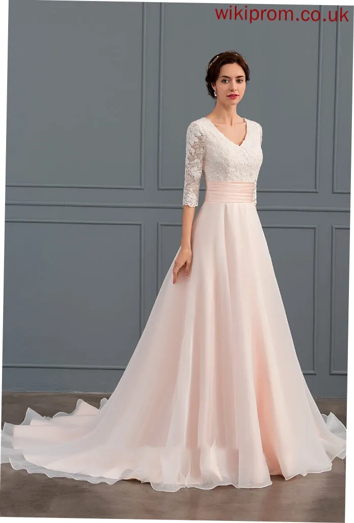 Madeline Organza V-neck Wedding Ball-Gown/Princess Train Dress Ruffle Wedding Dresses With Court