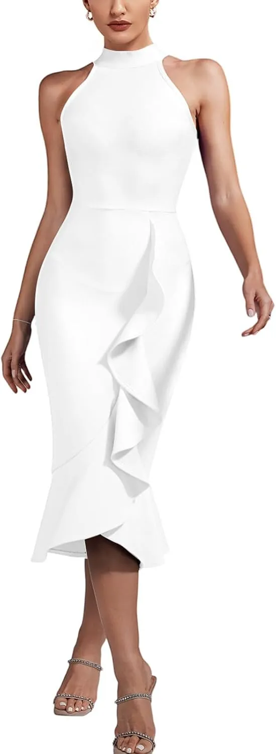 Maketina Women's Halter Mermaid Bandage Dresses Bodycon Ruffle Party Cocktail Wedding Guest Dress