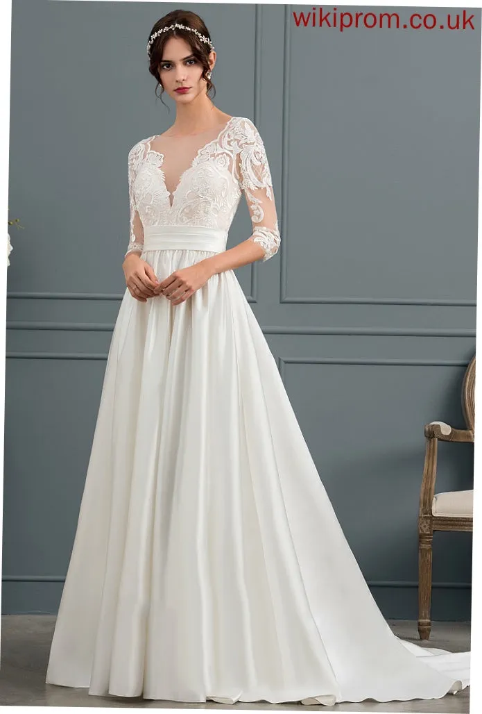 Matilda Court Train Wedding Ball-Gown/Princess Ruffle Dress Lace With Scoop Neck Satin Wedding Dresses