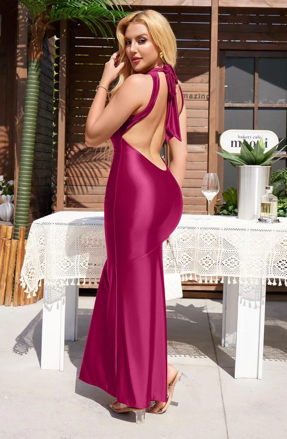 Memoriesea Women's Sexy High Split Sleeveless Backless Party Wedding Maxi Dress