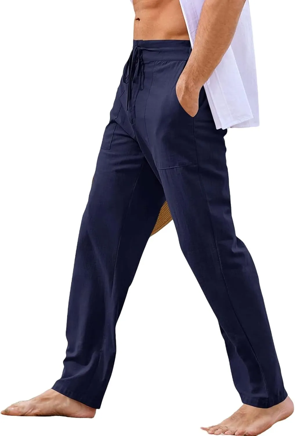 Mens Casual Elastic Waist Drawstring Lightweight Linen Summer Beach Yoga Trousers Pants