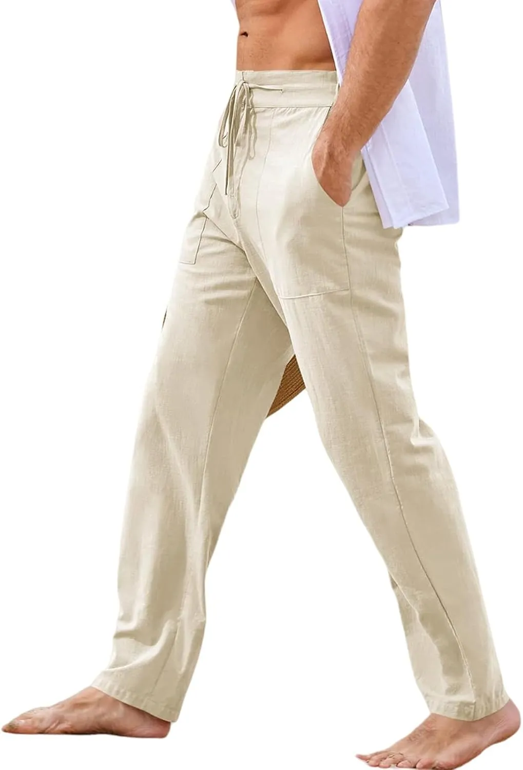 Mens Casual Elastic Waist Drawstring Lightweight Linen Summer Beach Yoga Trousers Pants