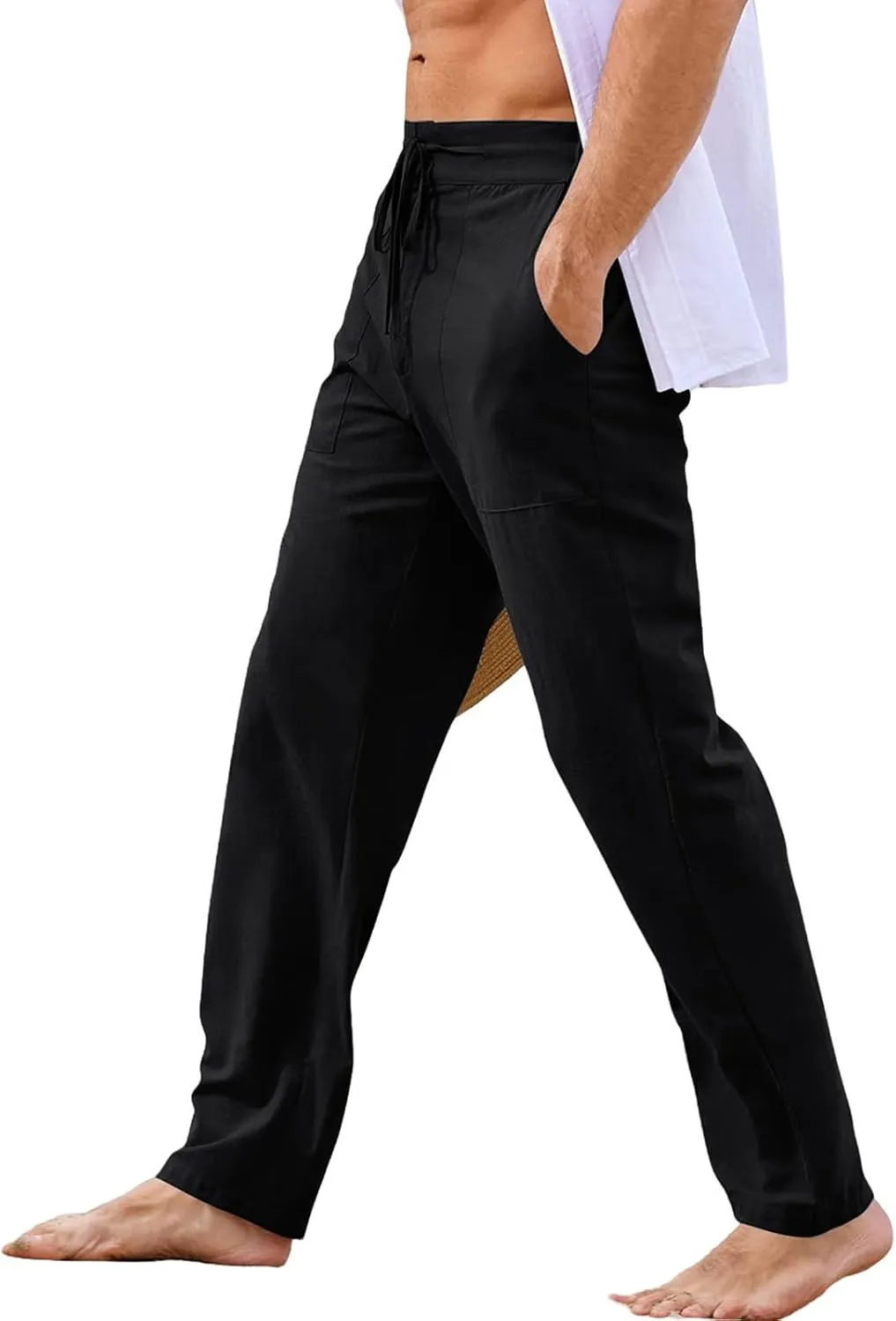 Mens Casual Elastic Waist Drawstring Lightweight Linen Summer Beach Yoga Trousers Pants