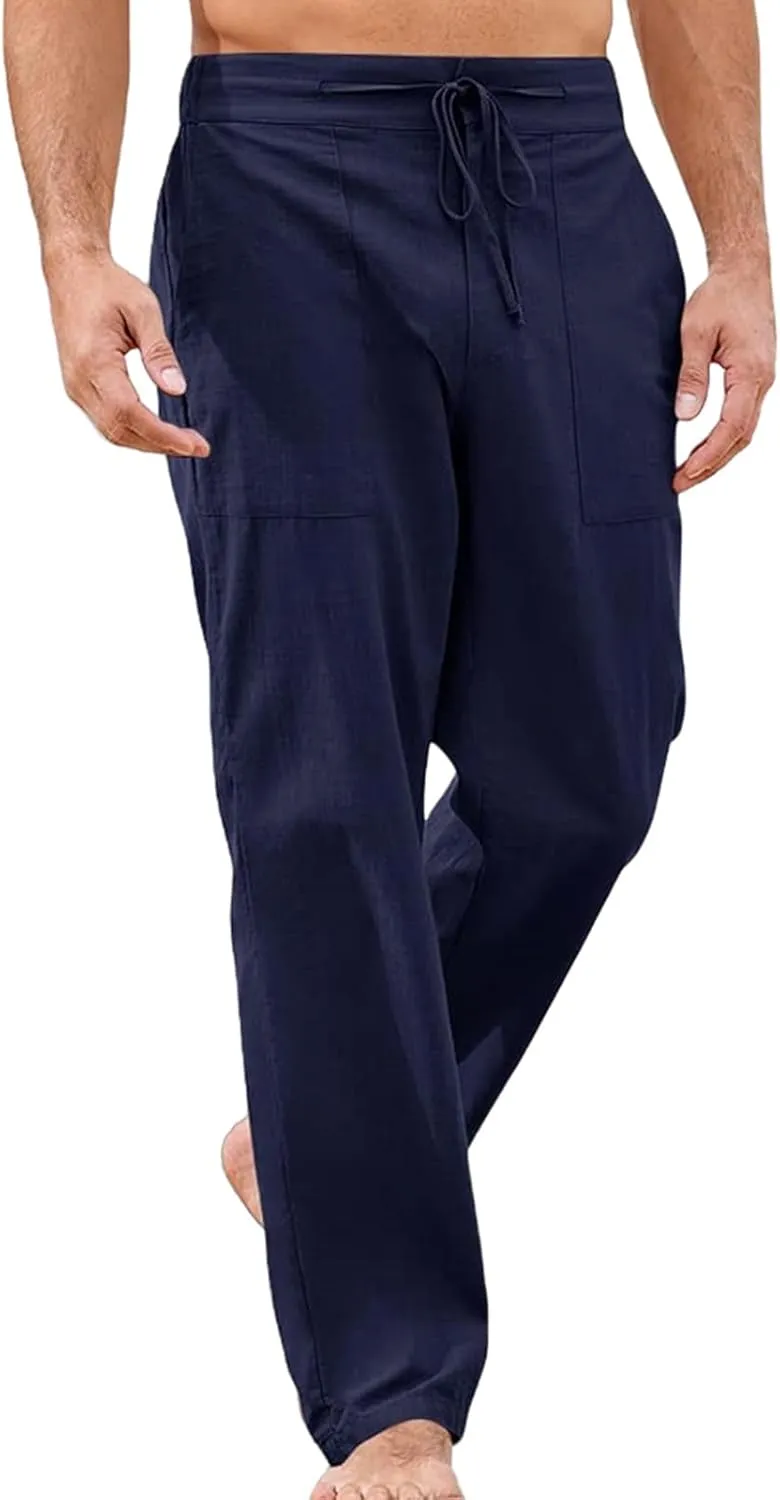 Mens Casual Elastic Waist Drawstring Lightweight Linen Summer Beach Yoga Trousers Pants