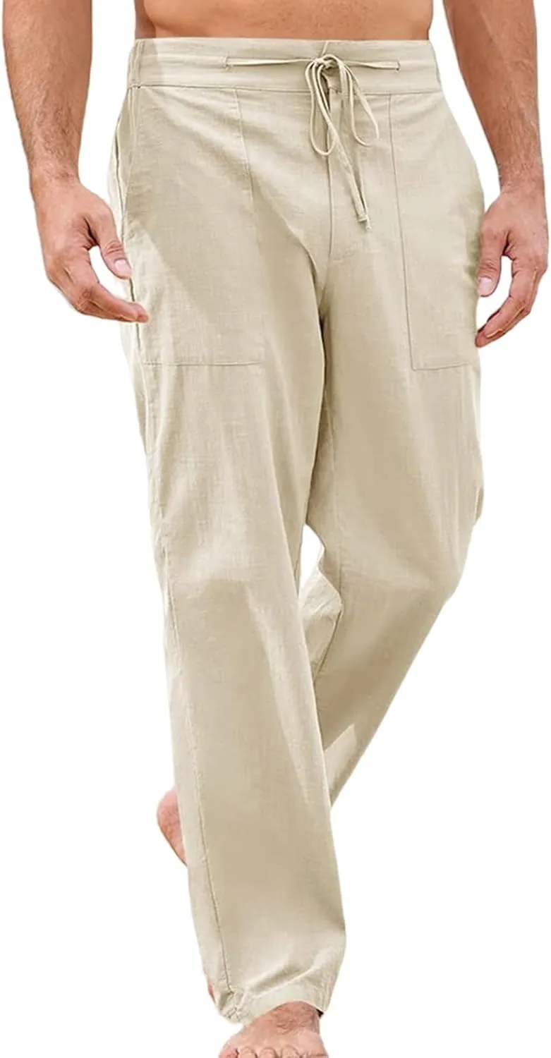 Mens Casual Elastic Waist Drawstring Lightweight Linen Summer Beach Yoga Trousers Pants
