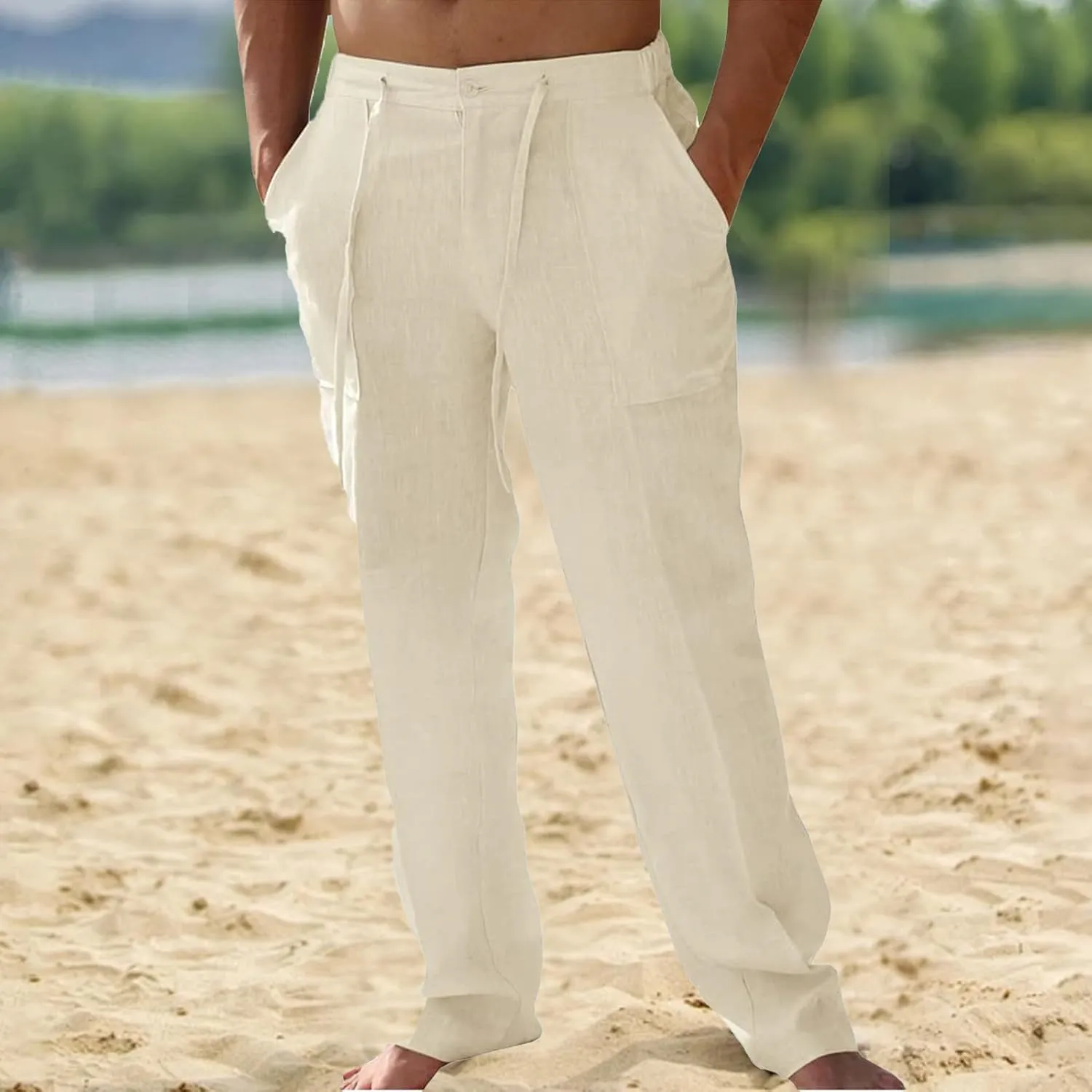 Mens Casual Elastic Waist Drawstring Lightweight Linen Summer Beach Yoga Trousers Pants