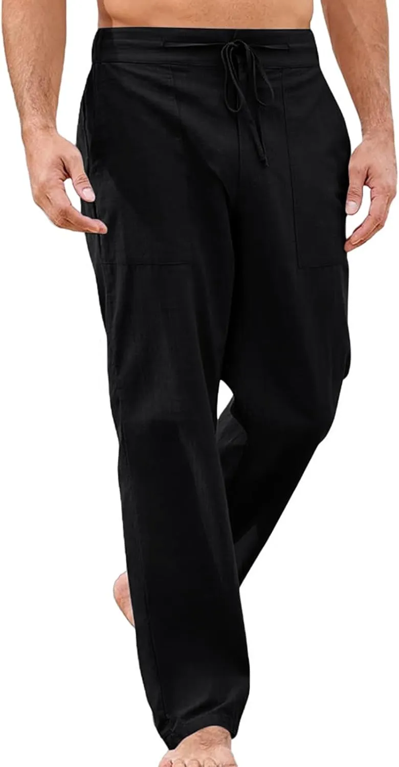 Mens Casual Elastic Waist Drawstring Lightweight Linen Summer Beach Yoga Trousers Pants