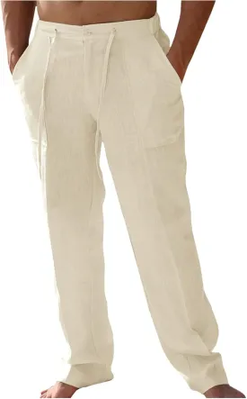 Mens Casual Elastic Waist Drawstring Lightweight Linen Summer Beach Yoga Trousers Pants