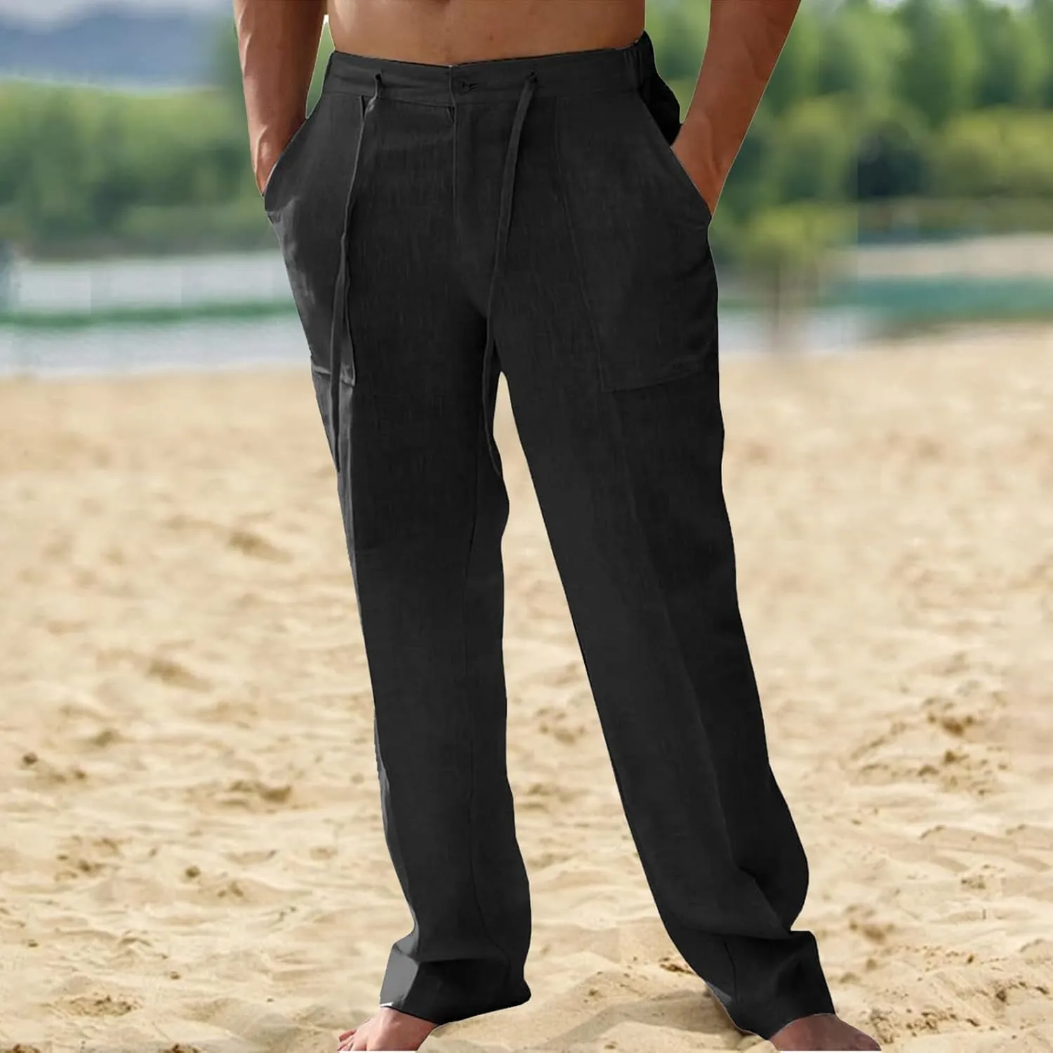 Mens Casual Elastic Waist Drawstring Lightweight Linen Summer Beach Yoga Trousers Pants