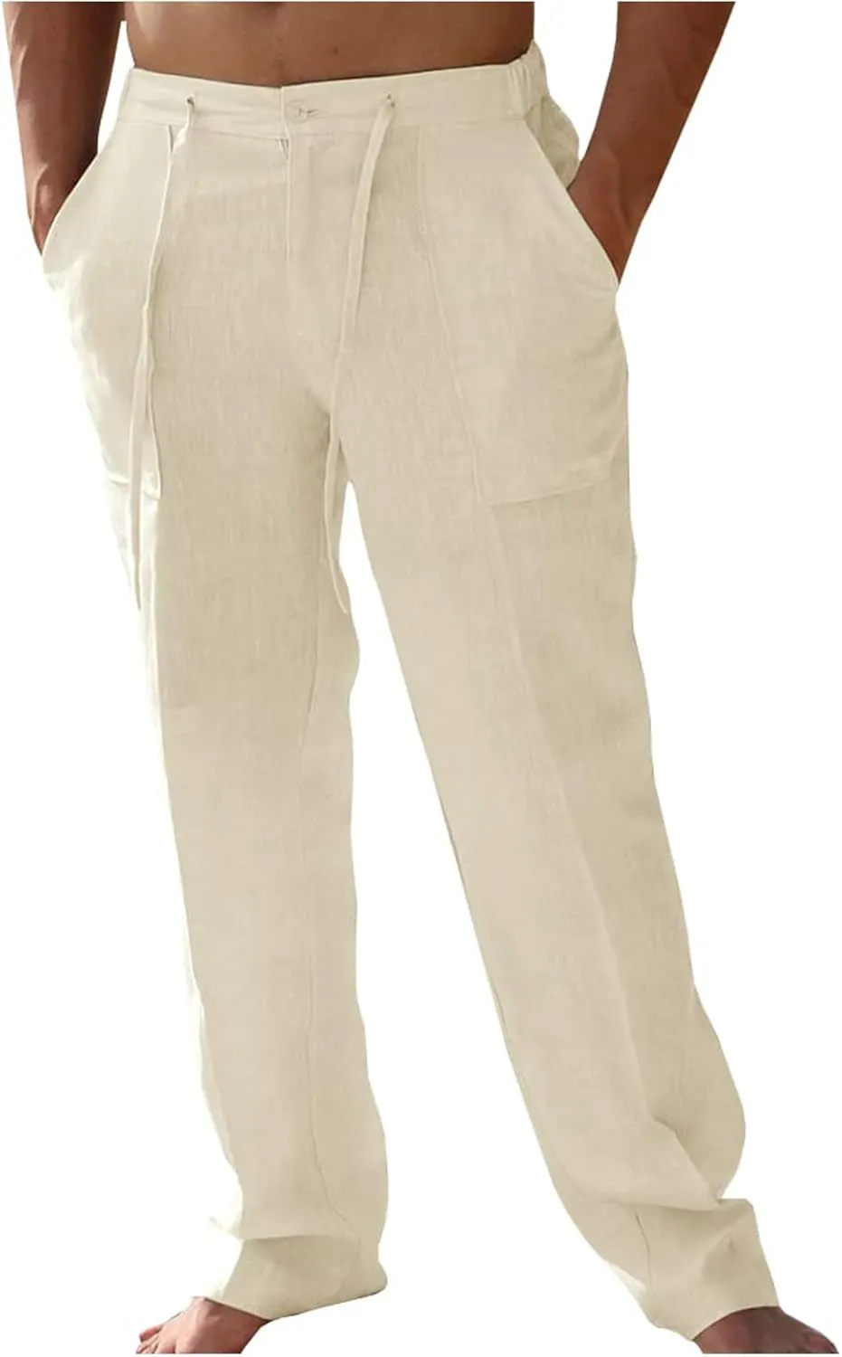 Mens Casual Elastic Waist Drawstring Lightweight Linen Summer Beach Yoga Trousers Pants