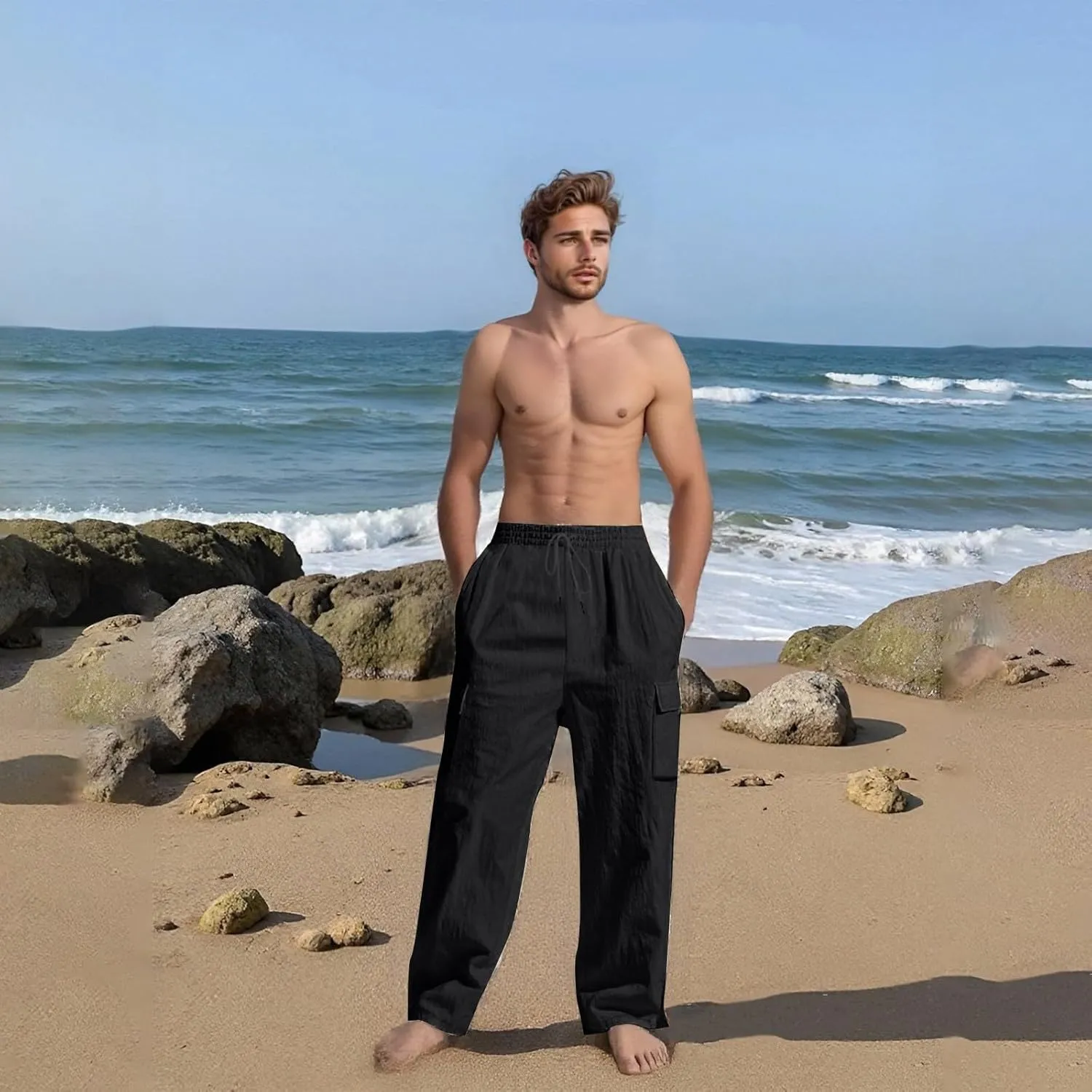 Men's Casual Linen Pants Summer Beach Loose Long Trousers