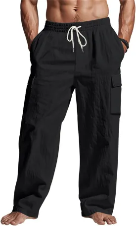 Men's Casual Linen Pants Summer Beach Loose Long Trousers
