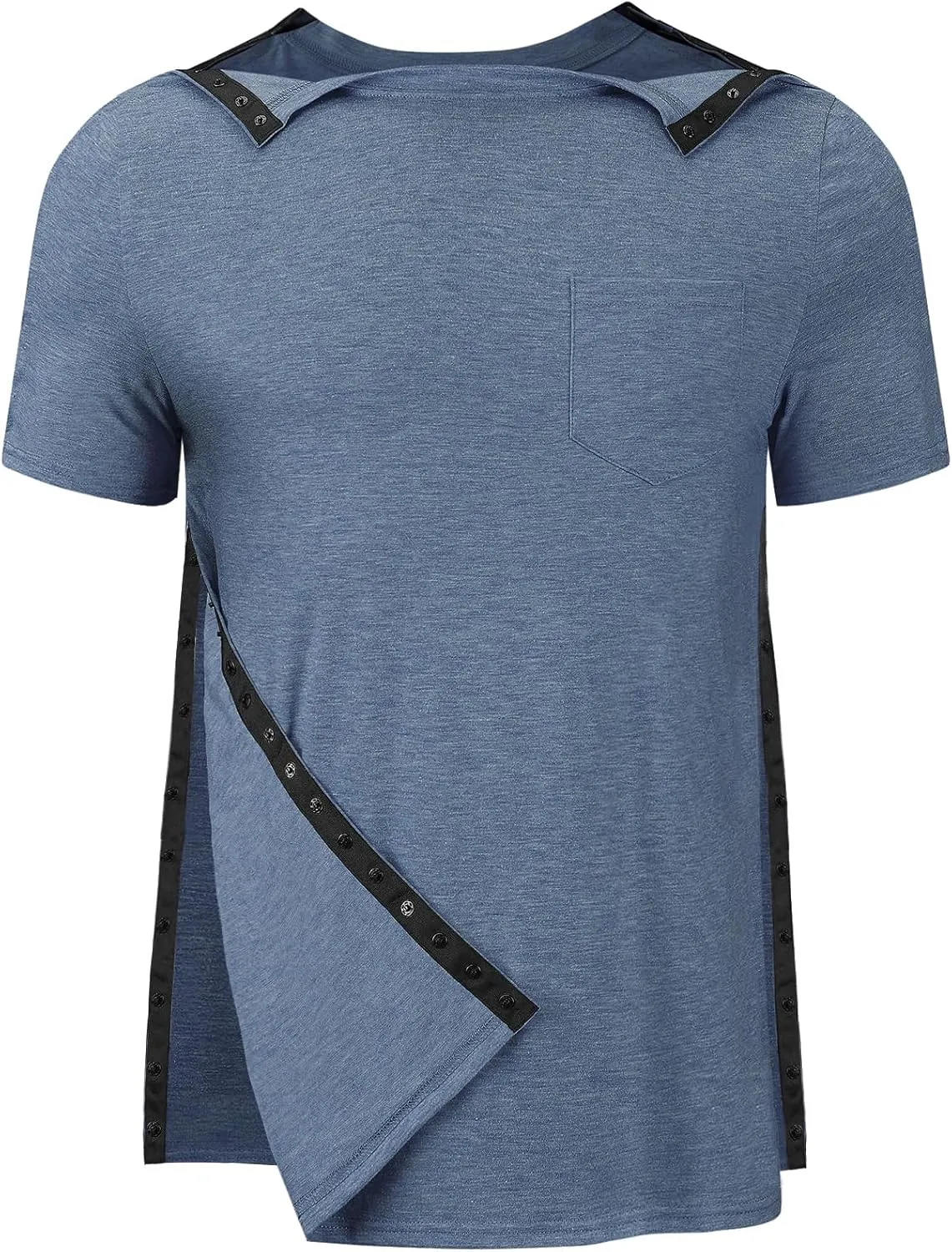 Men's Post Shoulder Surgery Recovery Shirts Tear Away Short Sleeve Full Open Side Snap Dialysis Chemo Clothing