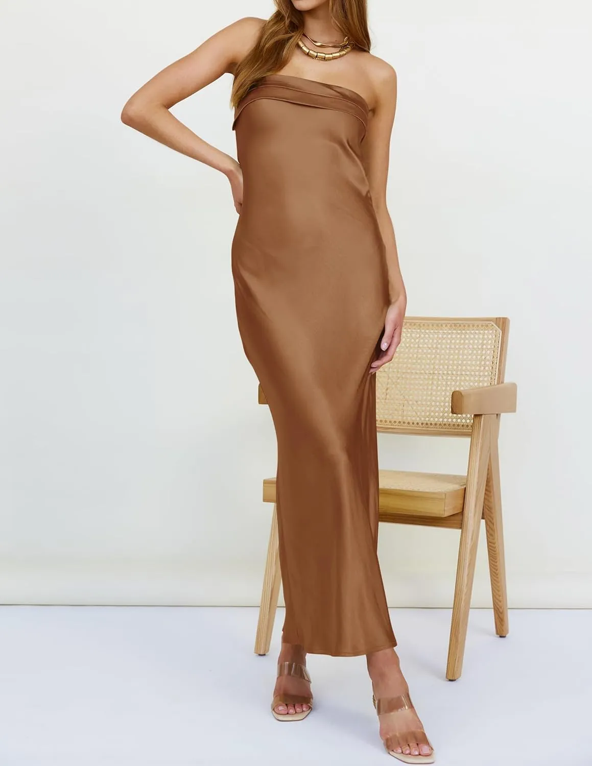 MEROKEETY Women 2025 Summer Strapless Satin Tube Bodycon Backless Wedding Guest Maxi Dress