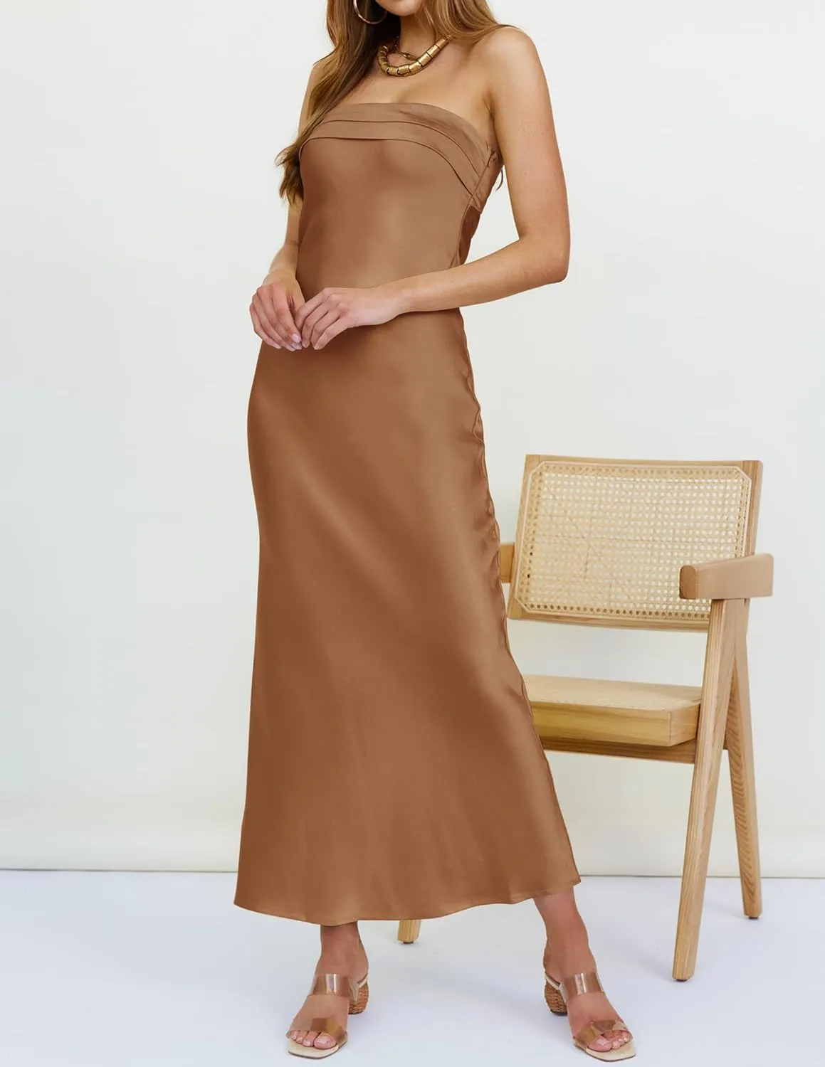 MEROKEETY Women 2025 Summer Strapless Satin Tube Bodycon Backless Wedding Guest Maxi Dress