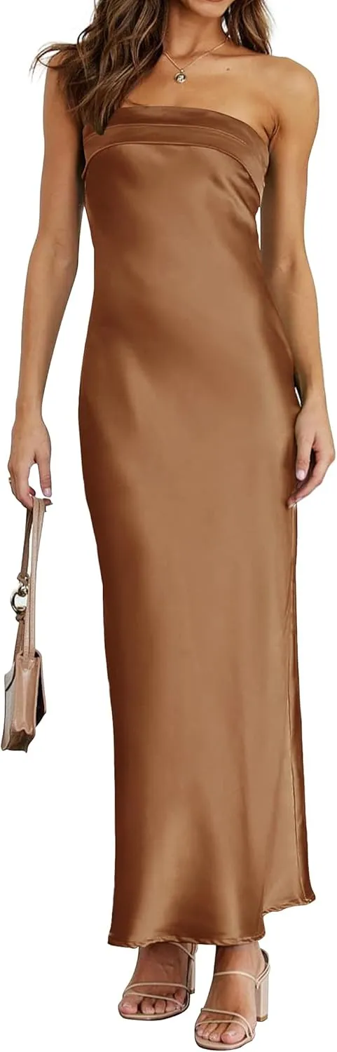 MEROKEETY Women 2025 Summer Strapless Satin Tube Bodycon Backless Wedding Guest Maxi Dress