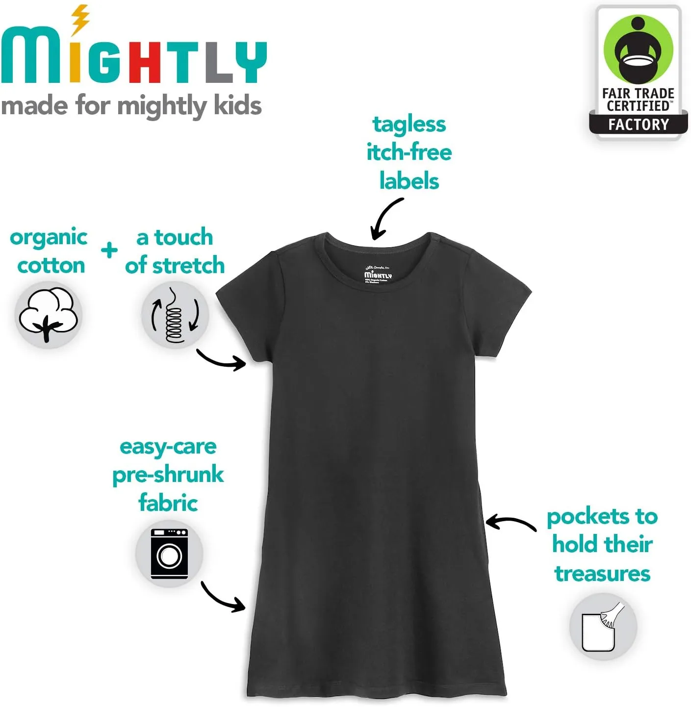 Mighty Girls' Short Sleeve T-Shirt Dresses | 100% Organic Cotton, Stylish Comfort Dress for Kids