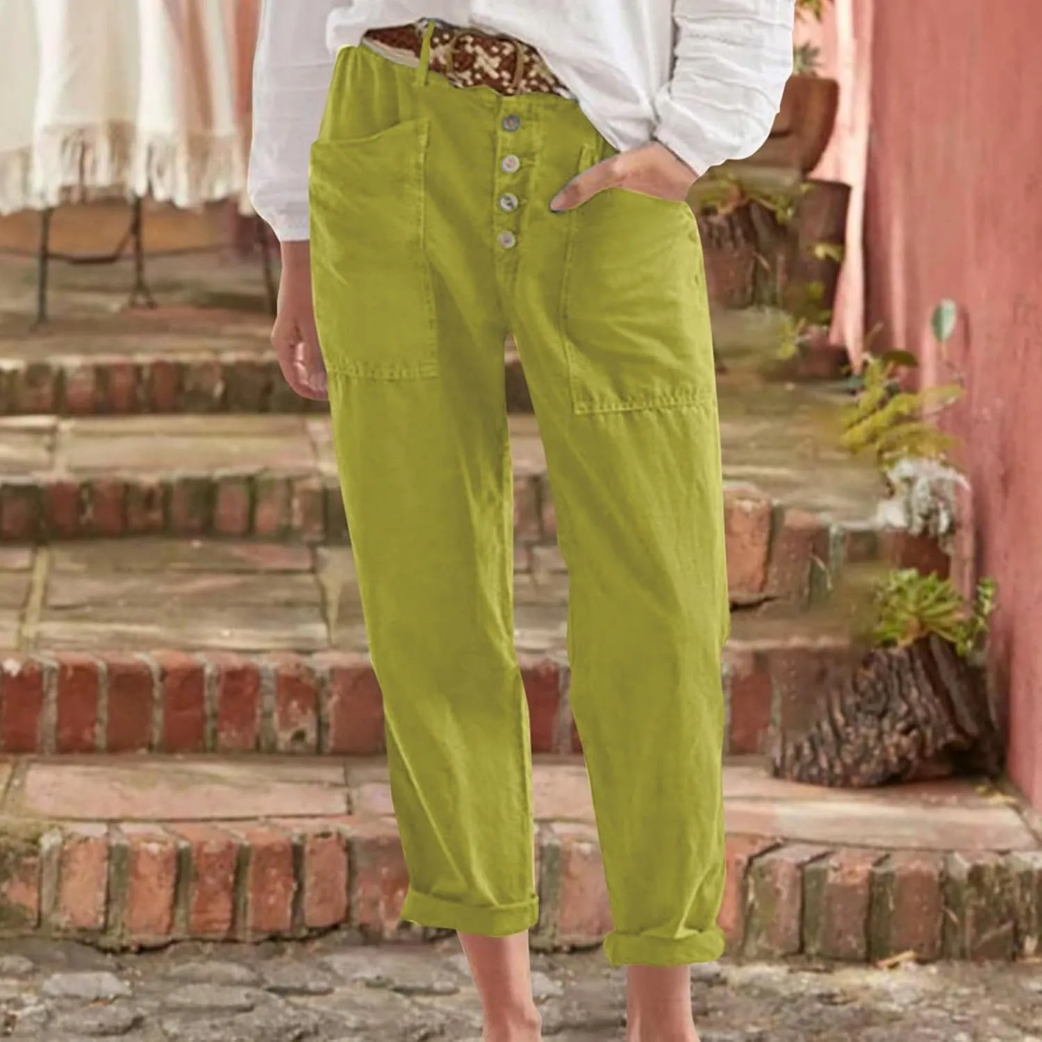 Miyaomn Casual Button-Fly Linen Pants for Women Elastic Waist in The Back Wide Leg Casual Joggers Summer Cotton Work Trousers