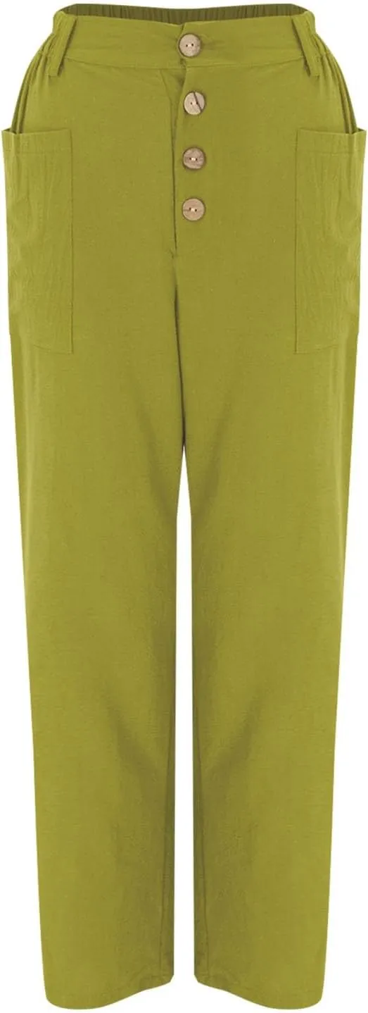 Miyaomn Casual Button-Fly Linen Pants for Women Elastic Waist in The Back Wide Leg Casual Joggers Summer Cotton Work Trousers