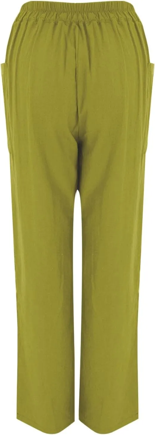 Miyaomn Casual Button-Fly Linen Pants for Women Elastic Waist in The Back Wide Leg Casual Joggers Summer Cotton Work Trousers
