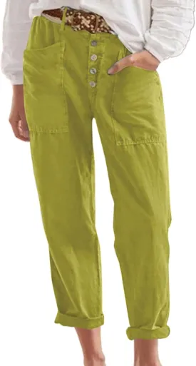 Miyaomn Casual Button-Fly Linen Pants for Women Elastic Waist in The Back Wide Leg Casual Joggers Summer Cotton Work Trousers