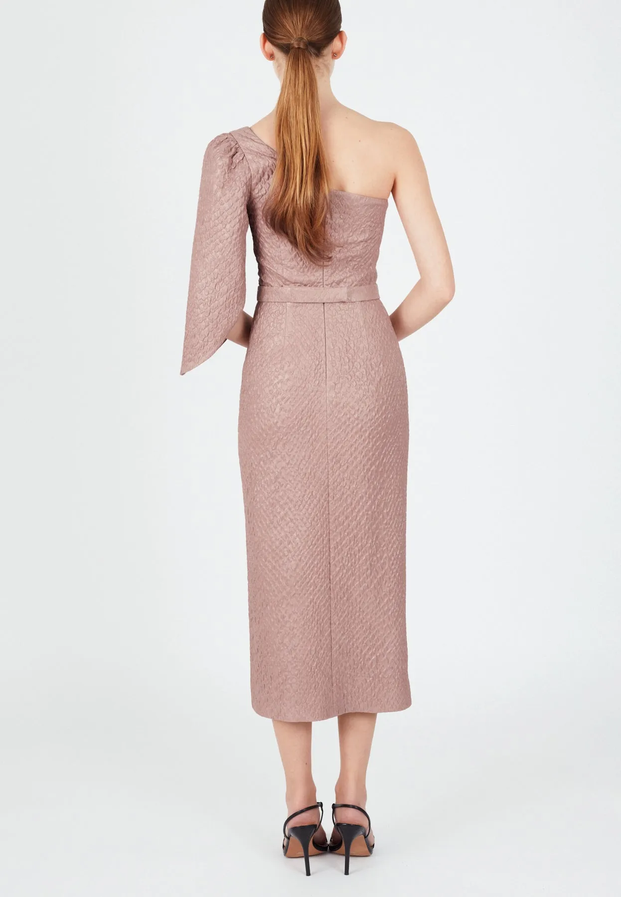 NITA one shoulder asymmetric pink midi dress